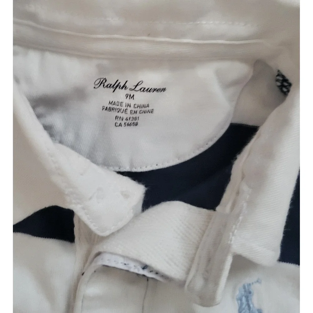 Ralph Lauren Baby Rugby Romper 9M Blue‎ White Striped Polo One Piece